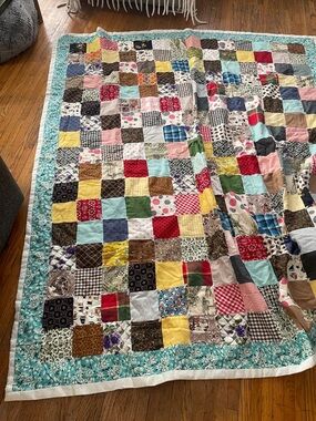 Handmade Patchwork Quilt in Multi-Color with Teal Border